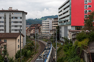 Olten–Luzern/Lucerne railway line, Emmenbrücke, Emmen; W. Schmidli, Lussi + Halter, Emmenbrücke Gersag station, Gersagstrasse