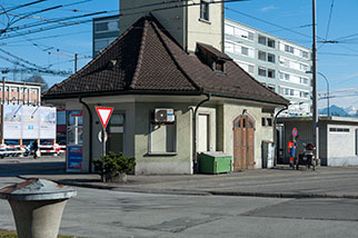 Centralplatz (Tramhüsli), Emmenbrücke, Emmen; Gerliswilstrasse, Tramhäuschen, Terminus of Lucerne’s former tram line 2, electrical substation, Emmenbrücke Central bus stop, trolleybus line 2, Central Plaza, Emmenbronx