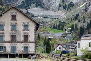 Schöllenen gorge and railway, Göschenen UR; Eidgenössisch, military food warehouse, Matterhorn-Gotthard-Bahn, MGB