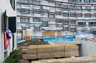 Dorfstrasse (Geissenstein bus stop), Wohngenossenschaft Geissenstein EBG, Luzern/Lucerne; Kindergarten, construction site