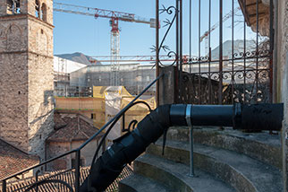 Santa Maria degli Angioli/Angeli, Lugano Loreto TI; Renaissance church, Palace hotel, LAC Lugano Arte e Cultura construction site, salita degli Angioli, cranes
