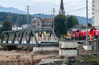 Kleine Emme railway bridge (southern part), Reussbühl, Luzern/Lucerne; right arm, construction site, church of St. Philipp Neri, Wilhelm Hanauer, Reusszopfbrücke; Littau