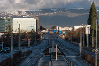 route de Meyrin (Avanchets), Vernier; Châtelaine, Cointrin; tram stop (lines 14, 18), Blandonnet, Crêt de la Neige, snow